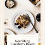 Slice of blackberry baked oatmeal on small plate with fork.