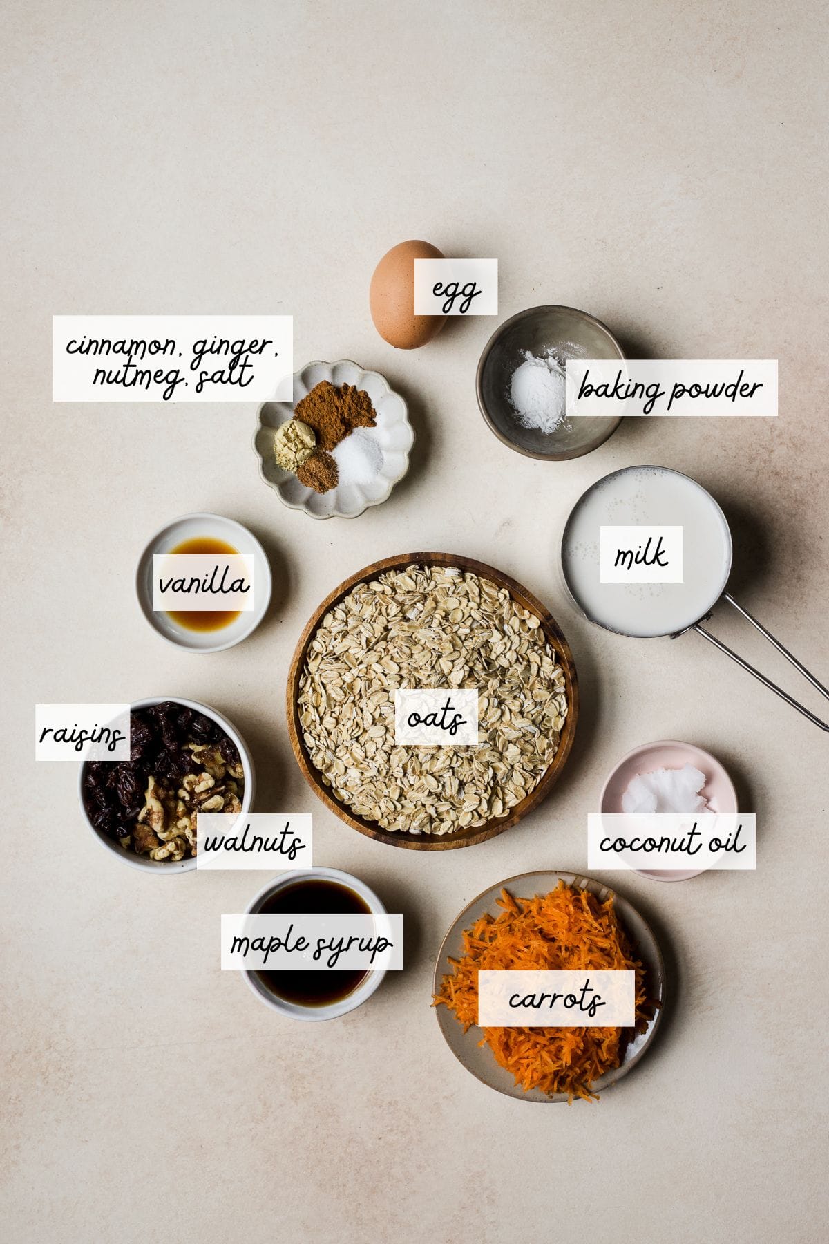 Ingredients for healthy carrot cake baked oats.