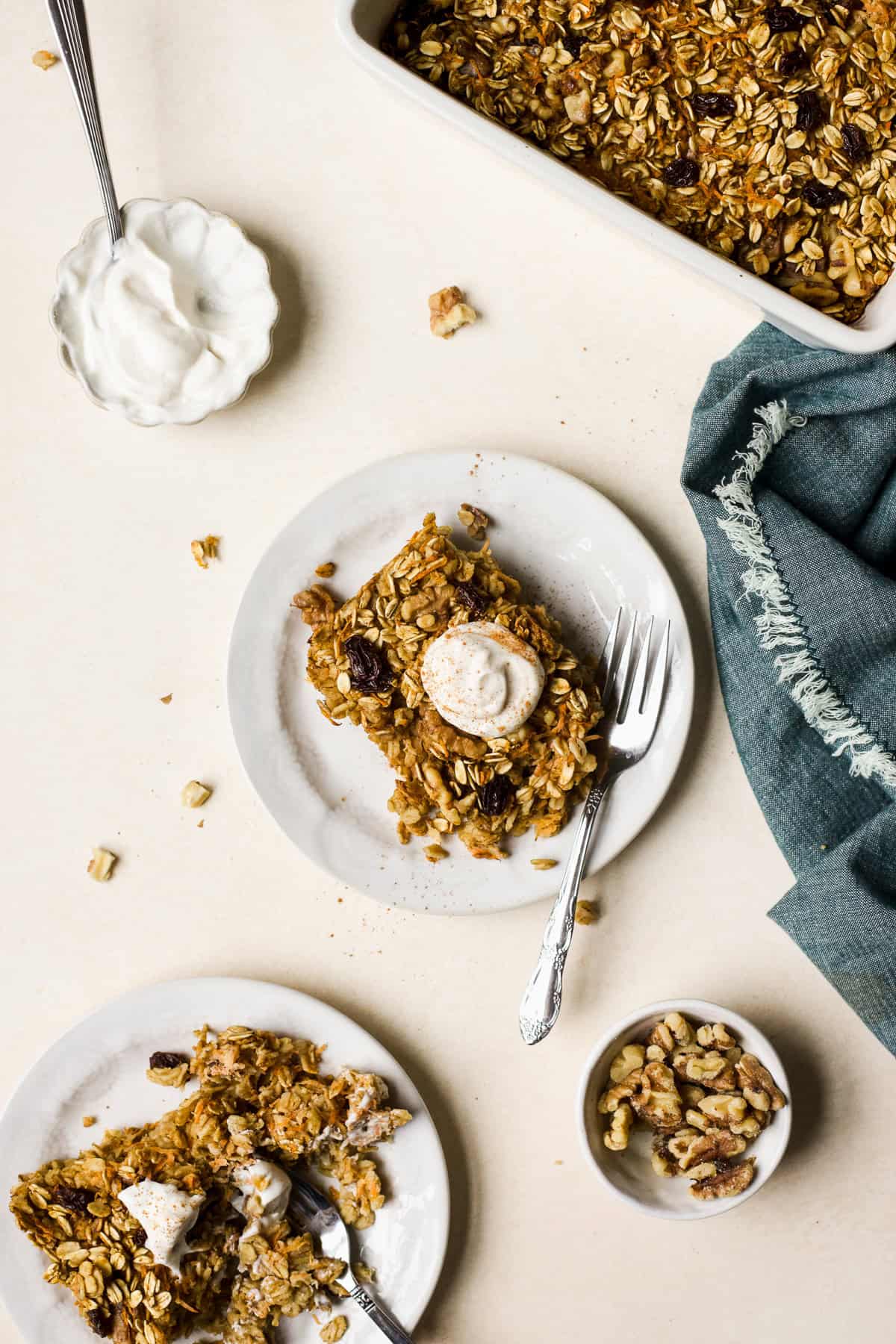Slices of carrot cake baked oats on a plates.