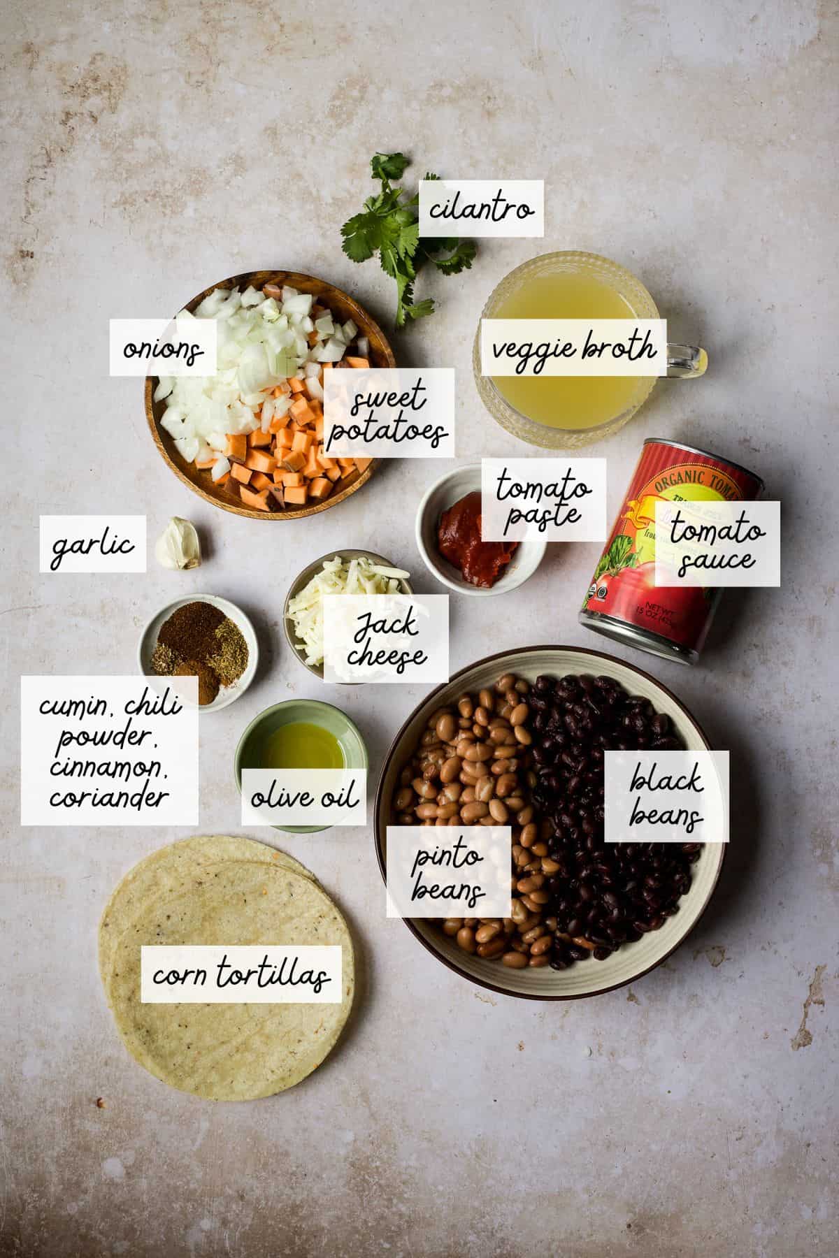 Veggie and bean skillet enchiladas ingredients.
