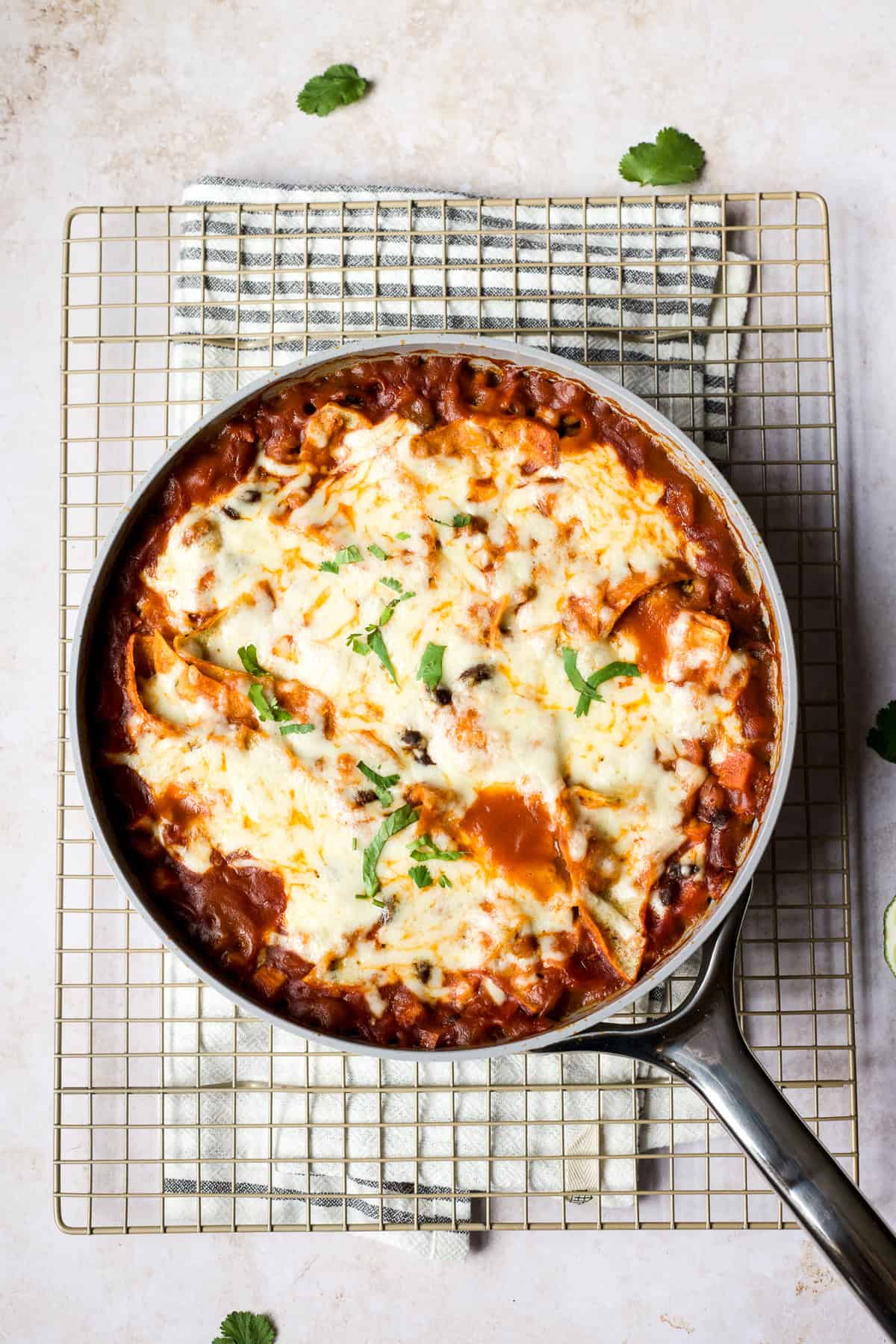 One pan veggie and bean enchiladas fresh out of the oven.