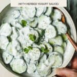 Creamy cucumbers with yogurt in a serving bowl.