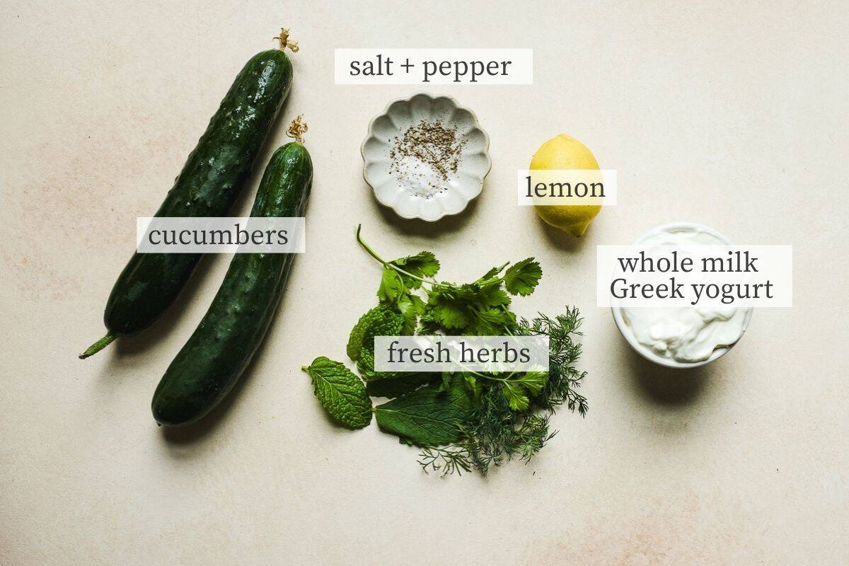 Ingredients needed for creamy cucumber salad.