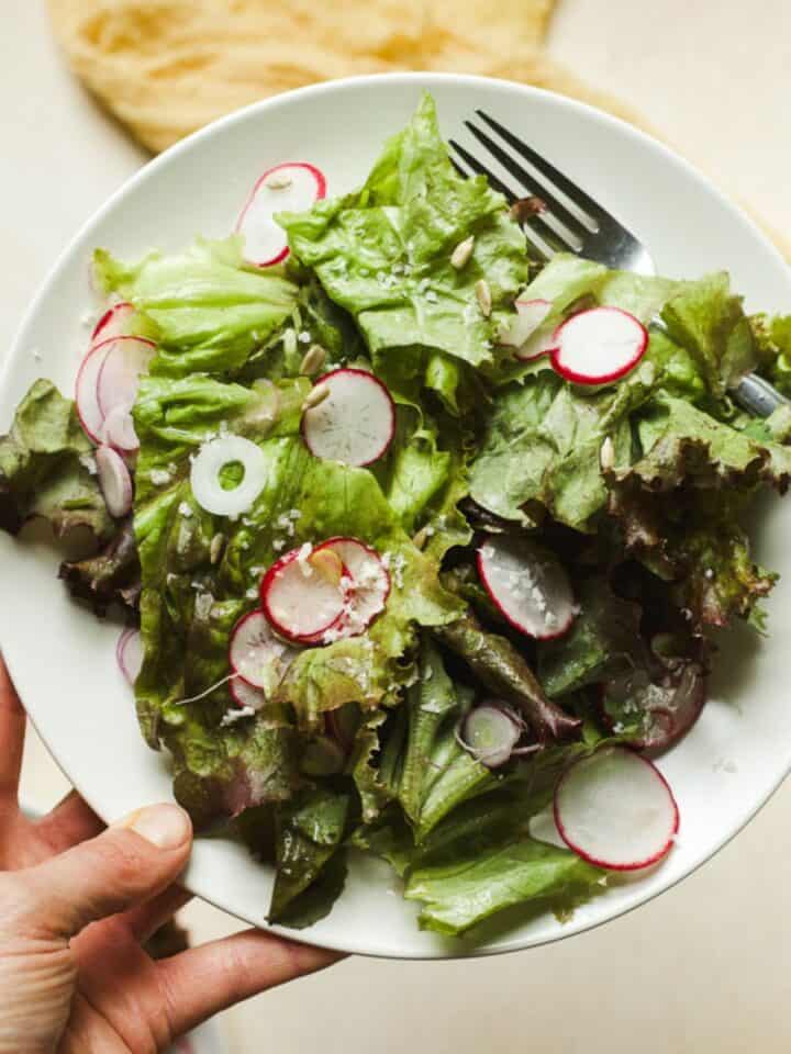 Simple leafy lettuce salad on plate.