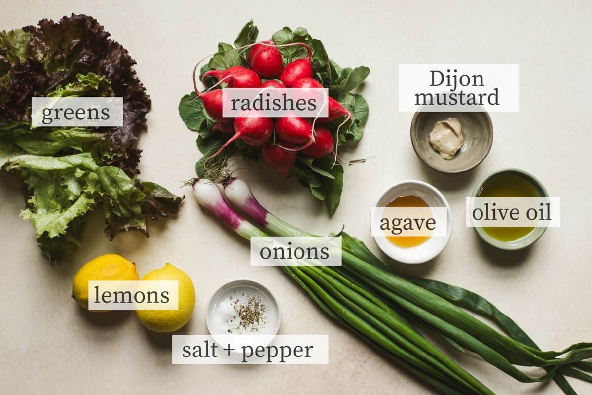 Simple green salad ingredients.