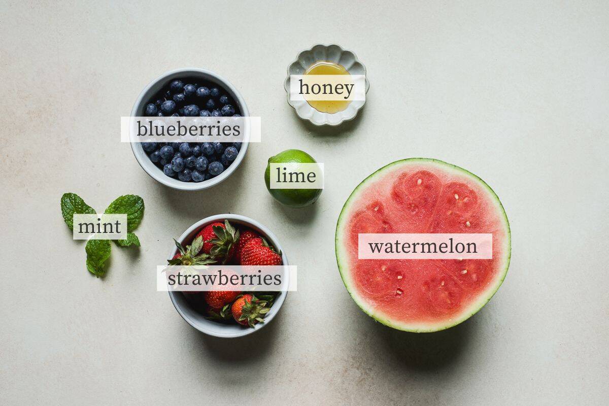 Ingredients for watermelon fruit salad with berries.