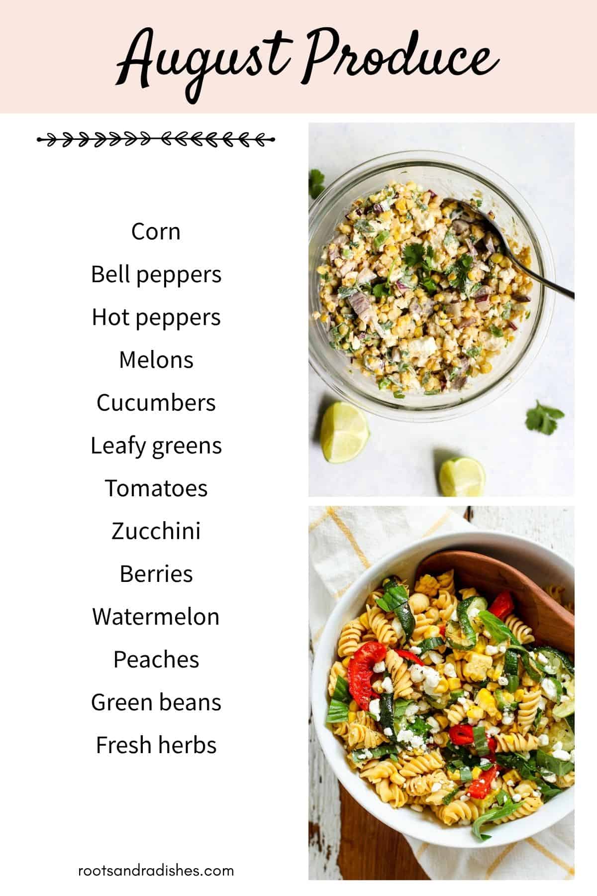 List of August produce and images with corn and zucchini.