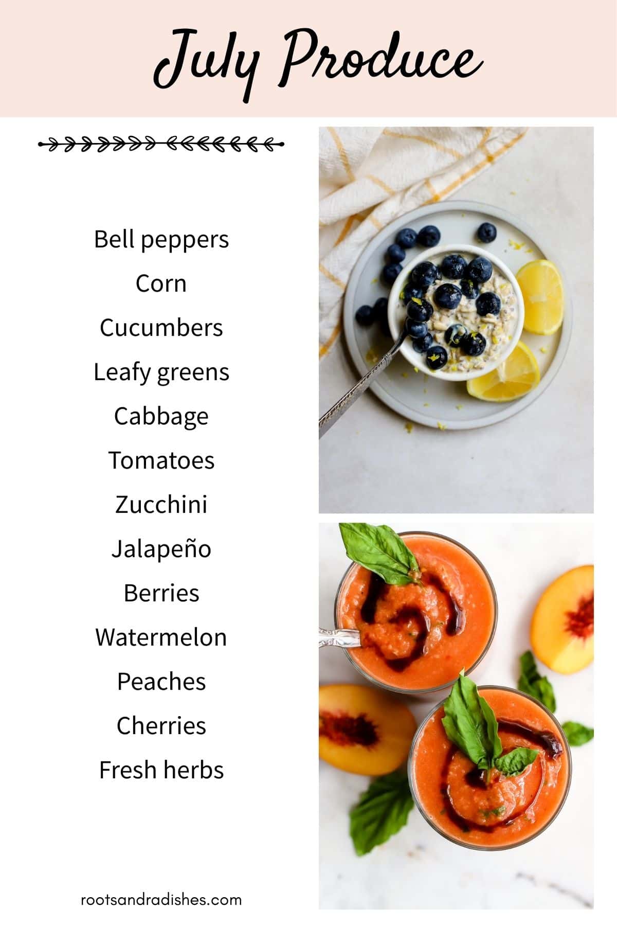 List of July produce and images with blueberries, tomatoes, and peaches.