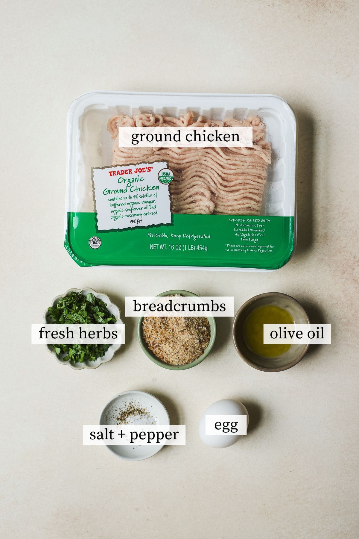 Ingredients needed for baked chicken meatballs.