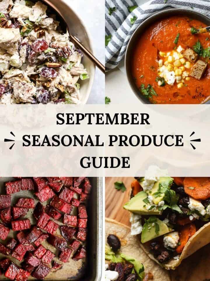 September seasonal produce guide with beets, tomatoes, grapes, and carrots.
