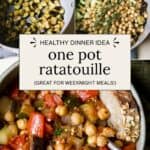 One pot ratatouille in a large pot and served in a bowl.