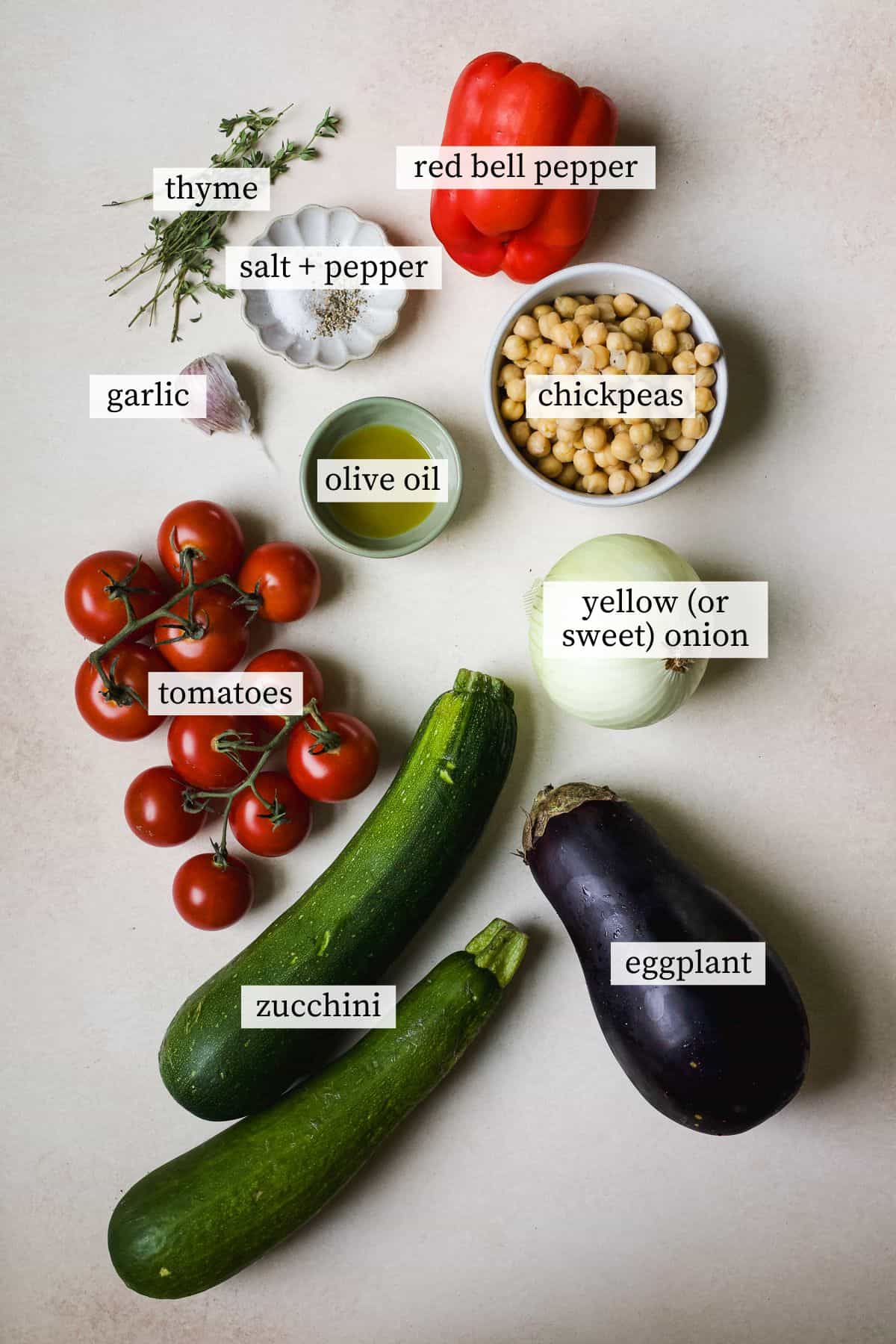 Ingredients for making an easy ratatouille recipe.