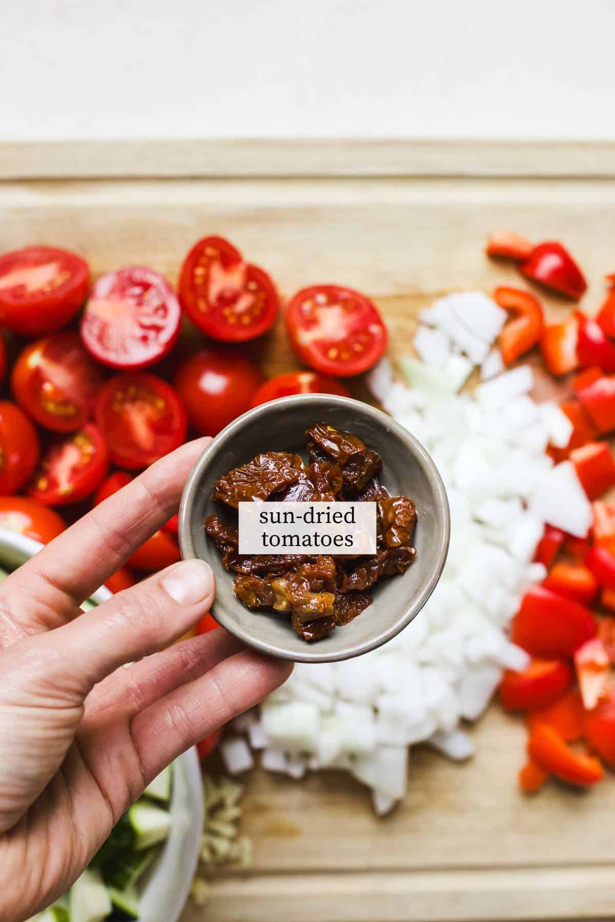 Sun-dried tomatoes in a small bowl.
