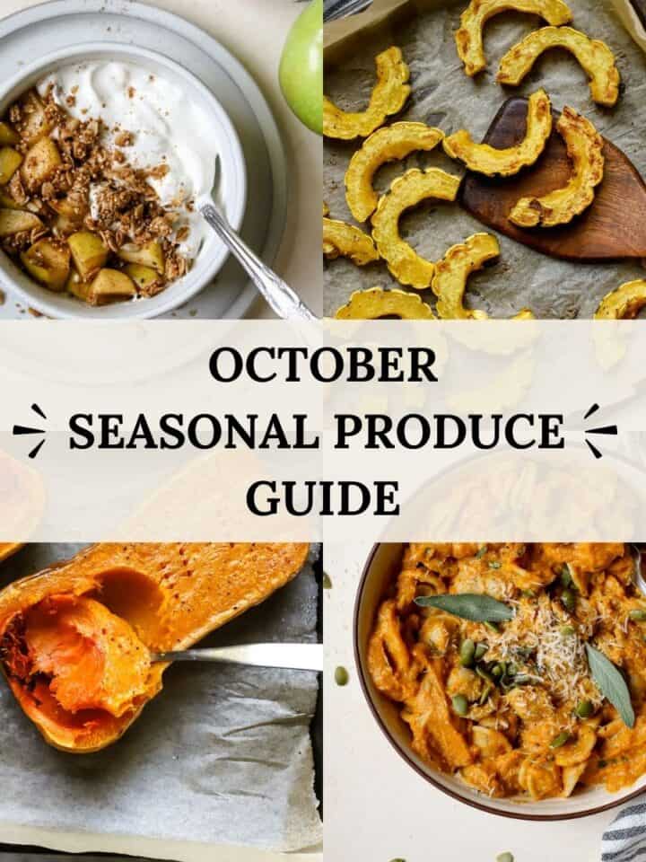 Recipes to make using October produce, such as roasted squash, apple yogurt bowls, and pumpkin pasta.