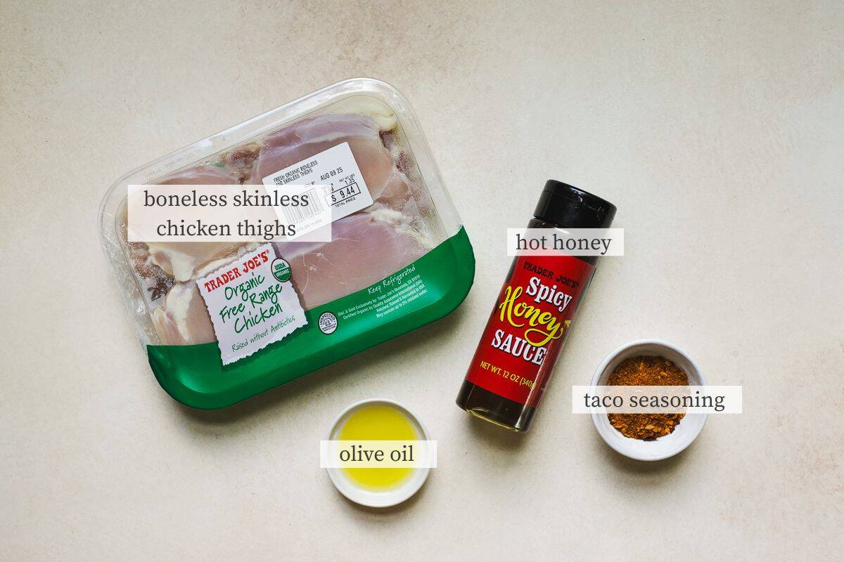 Ingredients need for air fryer boneless skinless chicken thighs with taco seasoning.