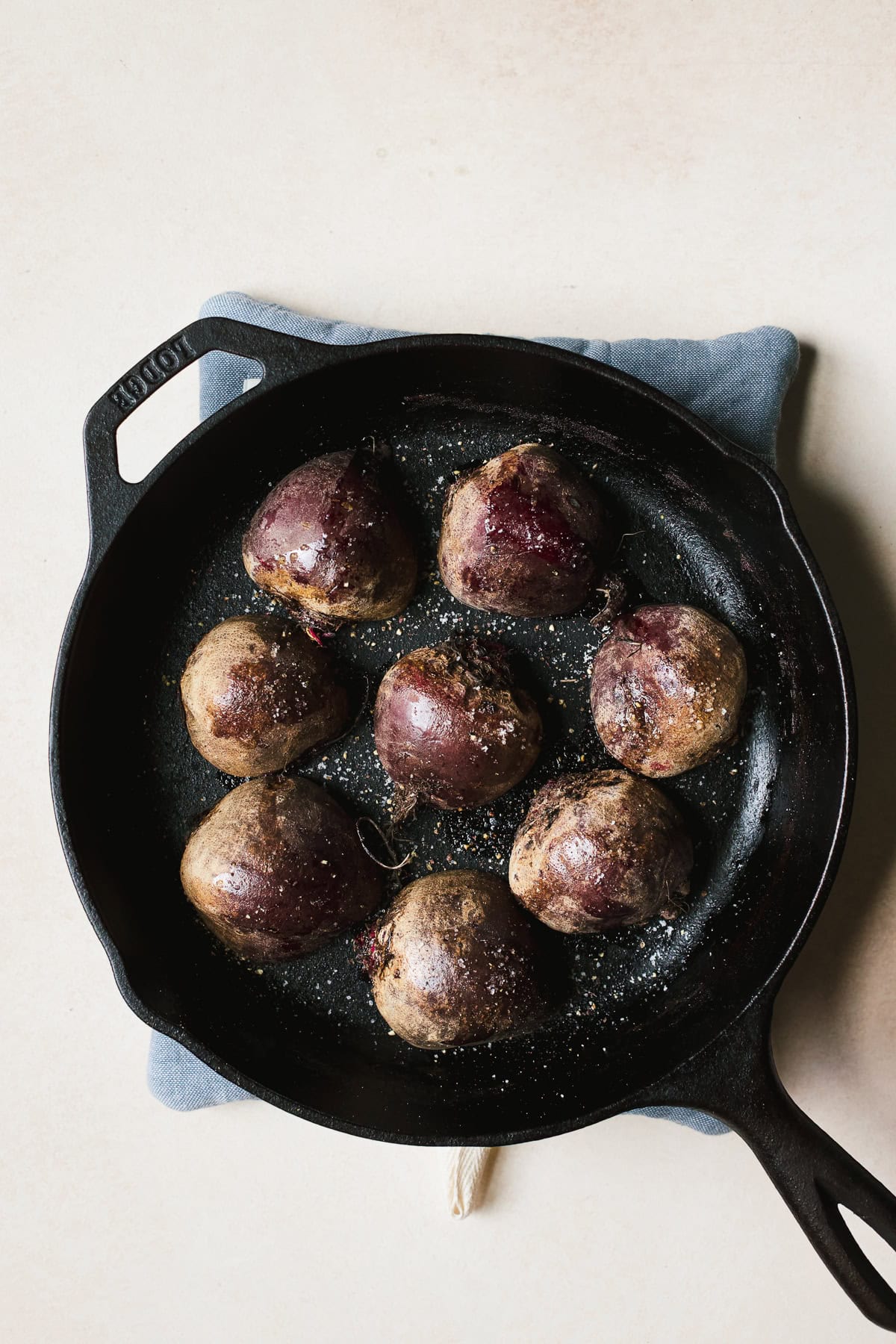 Seasoned beets in cast iron skillet.