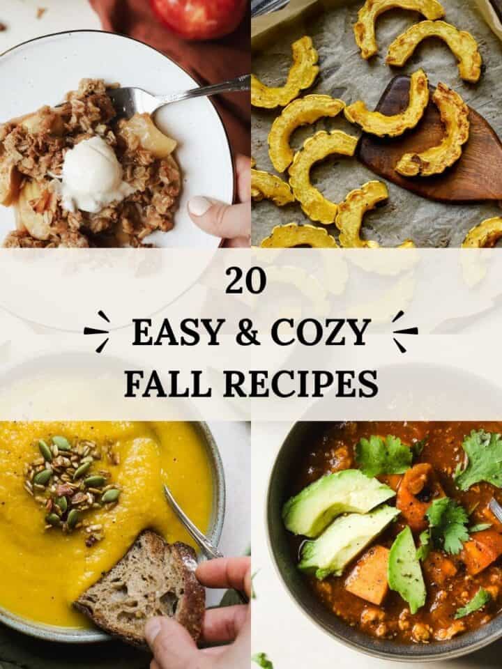 Easy fall recipes with roasted delicata squash, apple crisp, butternut squash soup, and sweet potato turkey chili.