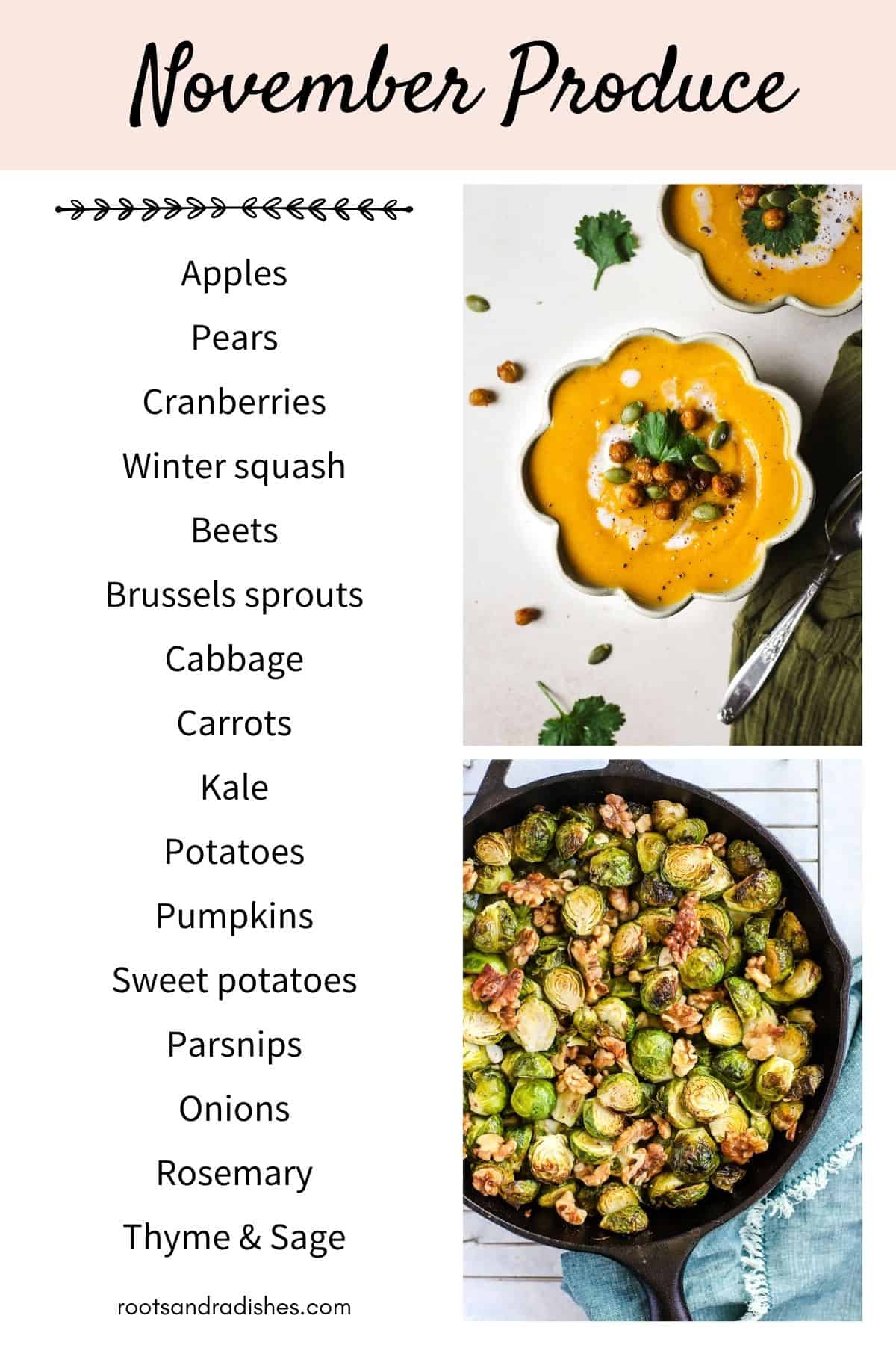 List of November seasonal fruit and vegetables, with squash soup and roasted Brussels sprouts.
