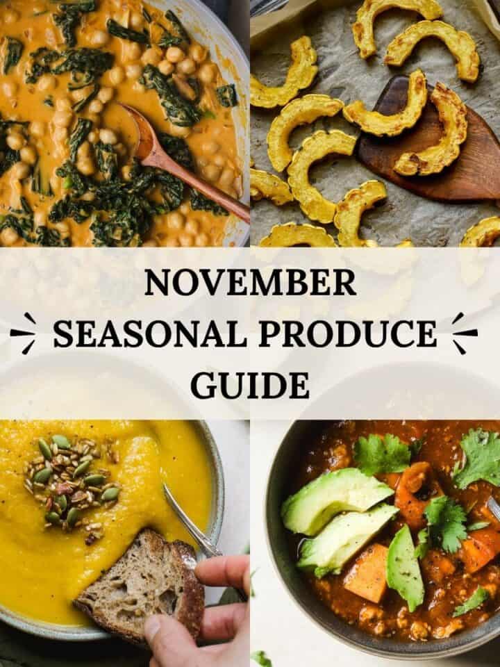 November seasonal produce guide with squash recipes, chili, soup, and curry.