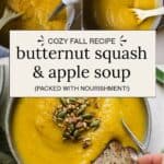 Making butternut squash soup and serving it in a bowl with dunked bread.