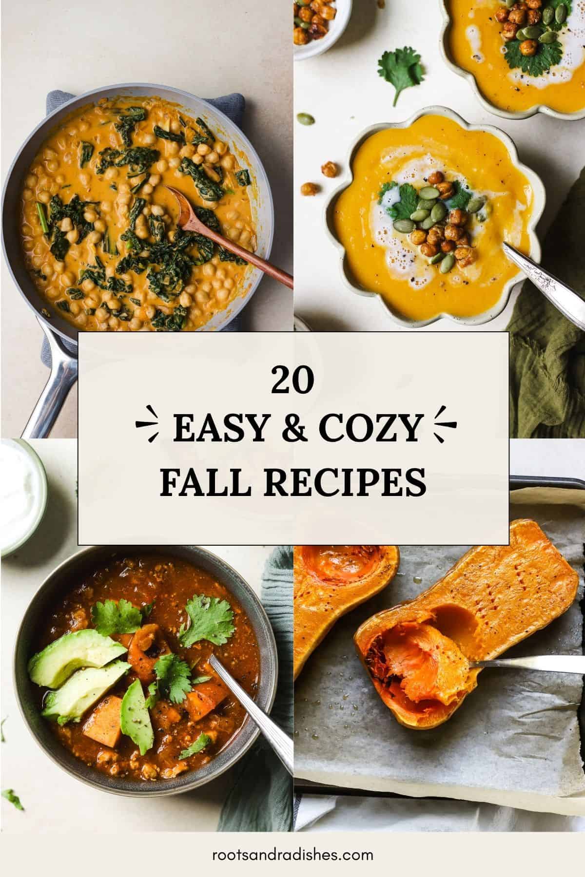Easy fall recipes with roasted butternut squash, turkey chili, Thai butternut soup, and pumpkin curry.