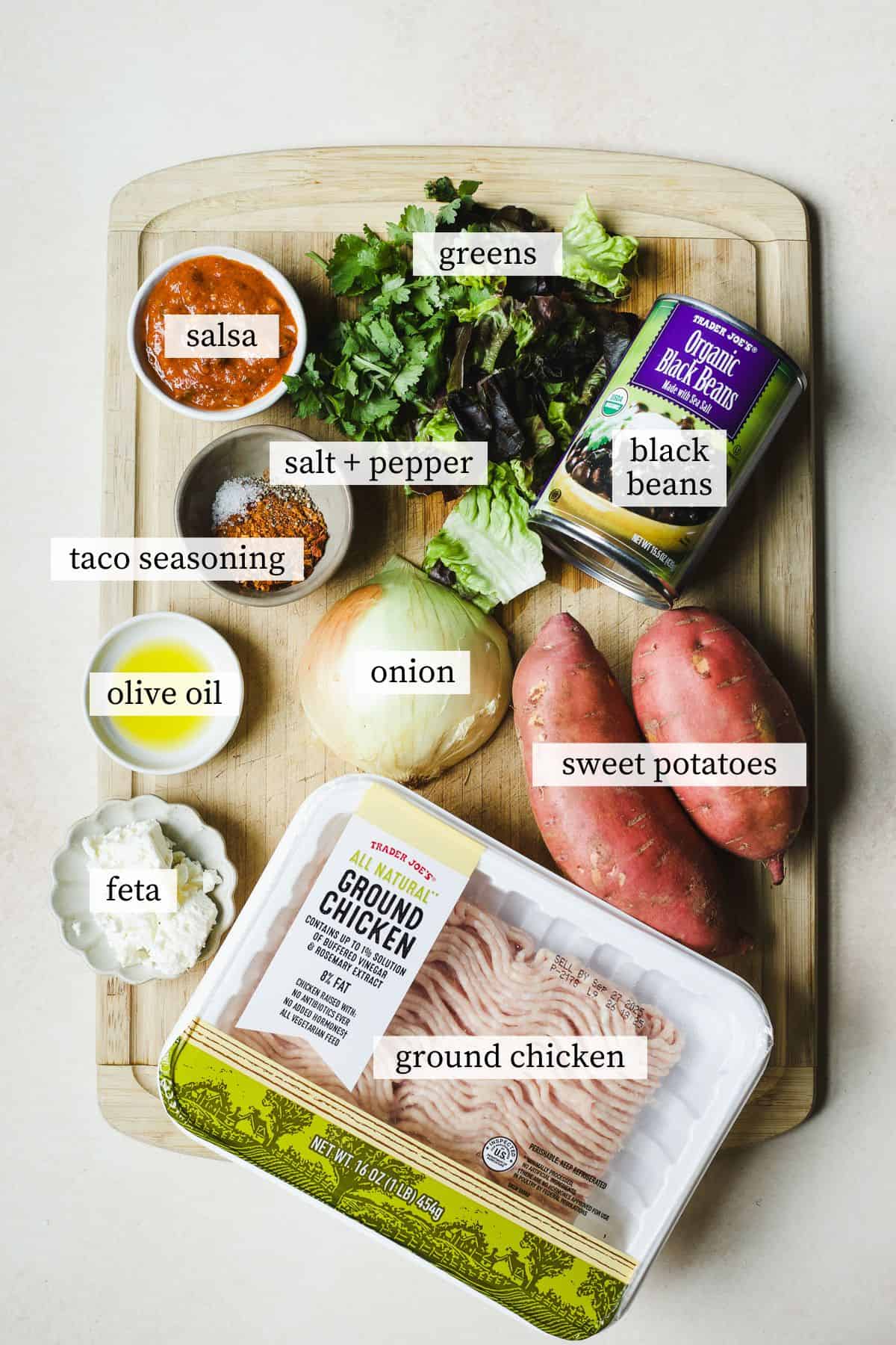 Ingredients for sweet potato bowls with ground chicken.