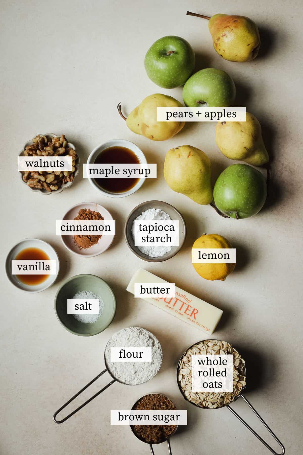 Ingredients needed to make apple and pear crisp.