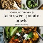 Sweet potato bowl with ground chicken taco meat and toppings.