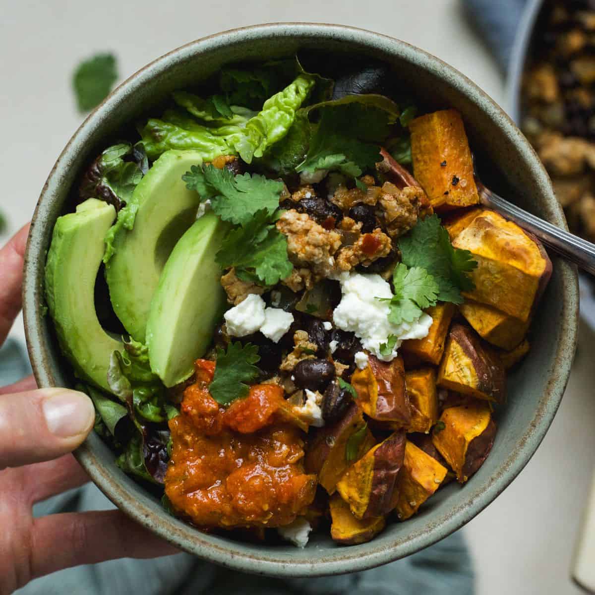 Ground Chicken Taco Sweet Potato Bowls - Roots and Radishes