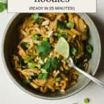 Thai curry noodles with chicken in a bowl with lime and cilantro.