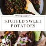 Three smoky black bean stuffed sweet potatoes with toppings on a plate. Smoky black bean filling in a sauté pan with a spoon.