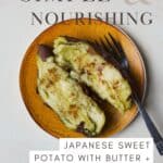 A baked Japanese purple sweet potato with butter and cinnamon on a small plate with a fork.