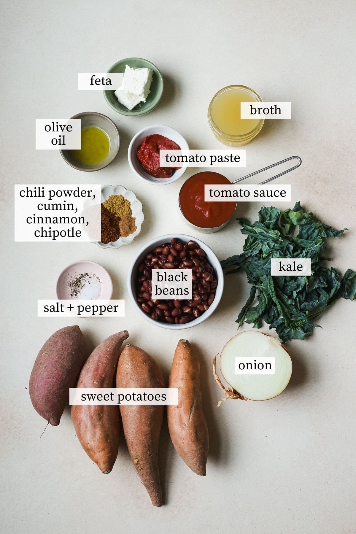 Ingredients needed for stuffed sweet potatoes with smoky black bean filling.