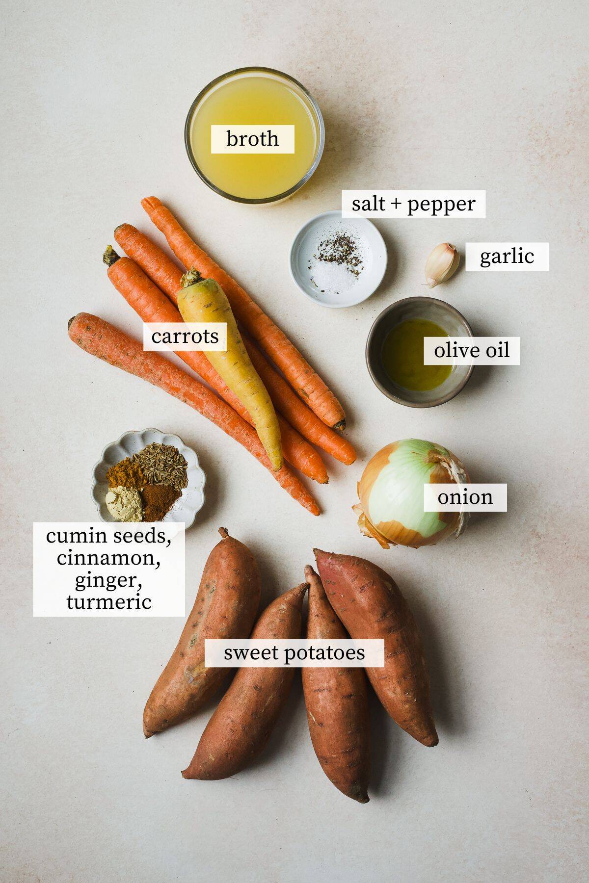 Ingredients needs for sweet potato and carrot soup.