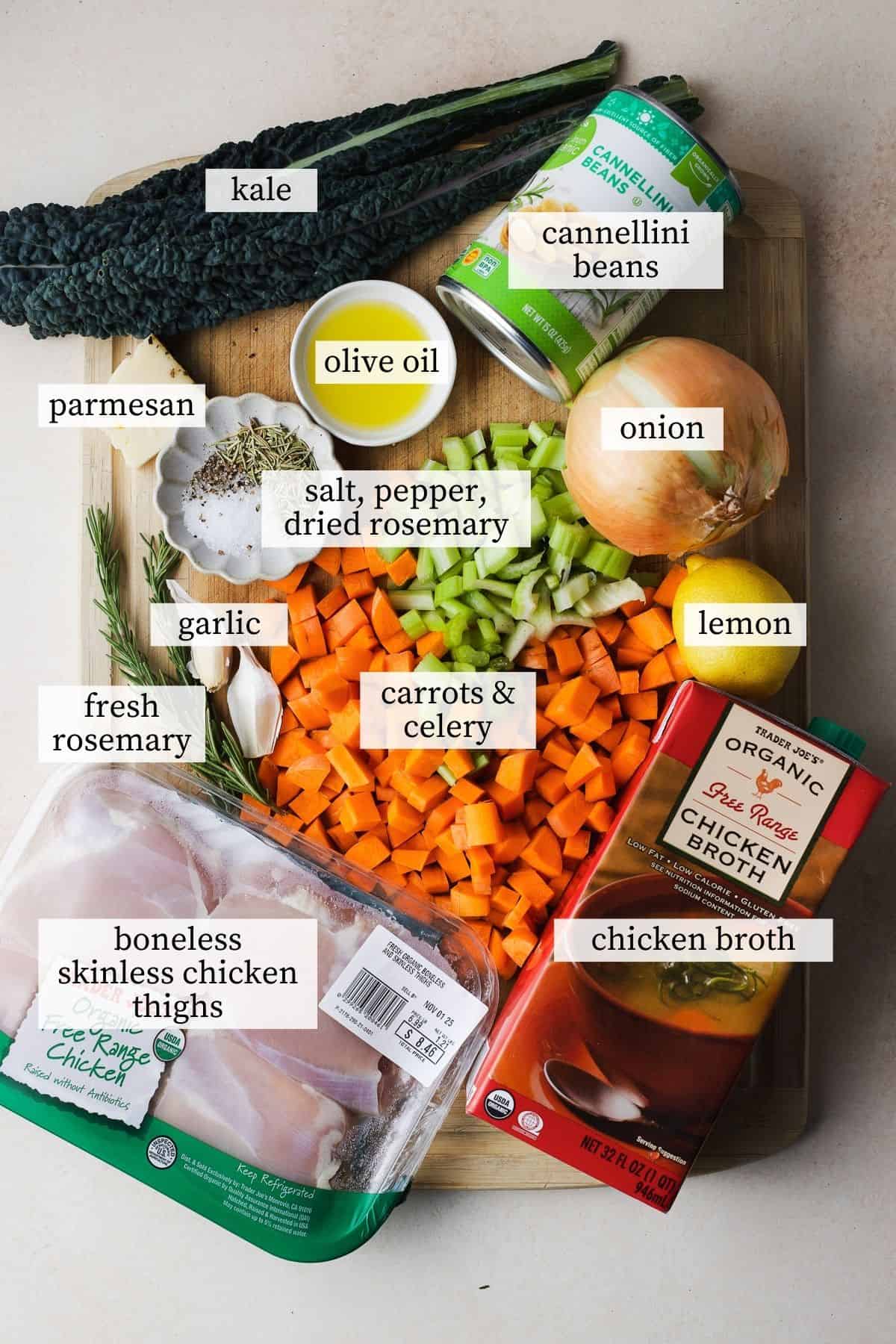 Ingredients needed to make homemade rosemary chicken soup with lemon.