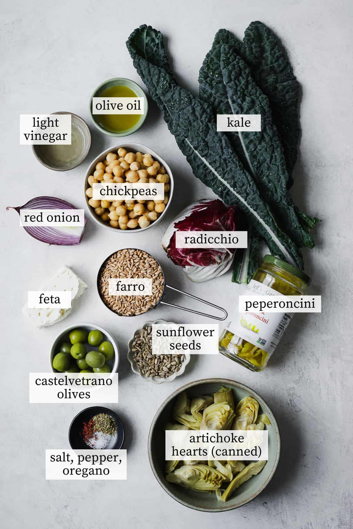 Ingredients needed for kale and farro salad with chickpeas.