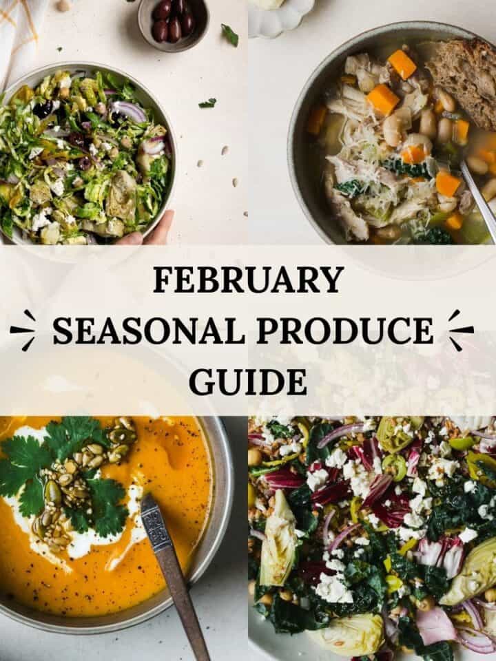 January seasonal produce guide including images of carrot sweet potato soup, Brussels sprouts salad, kale farro salad, and chicken rosemary soup.
