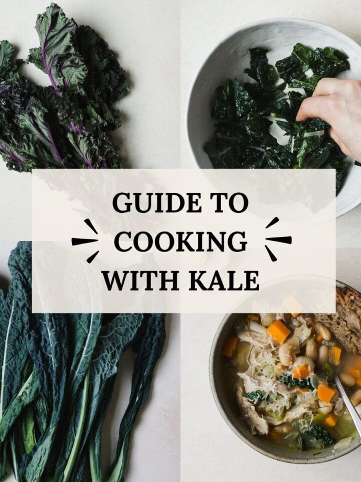 Lacinato kale, purple kale, kale being massaged in olive oil, and kale in chicken rosemary soup.