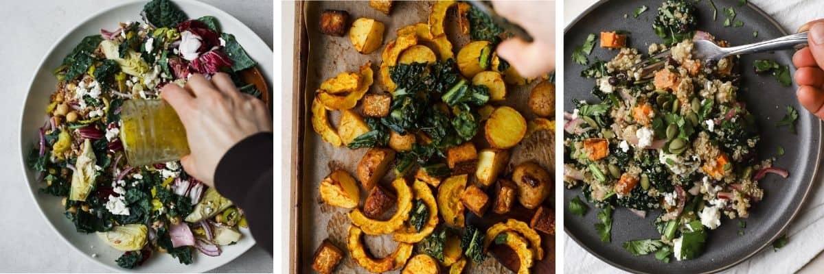 Cool weather recipes using kale: kale farro salad, massaged kale being added to sheet pan, quinoa salad with kale.