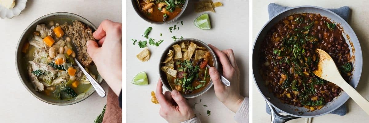 Kale in chicken rosemary soup, kale in chicken tortilla soup, and kale in black bean sauce.