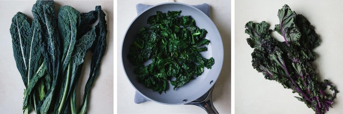 Three images of kale, including raw lacinato (dino) kale, purple kale, and sautéed kale.