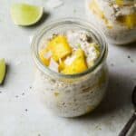 Mango overnight oats with coconut and lime in a jar.