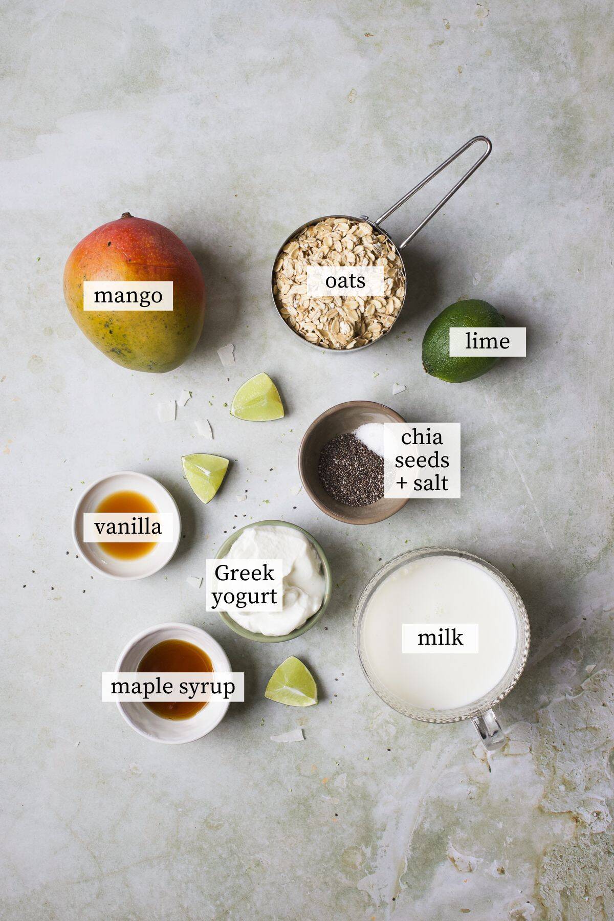 Ingredients needed to make mango lime overnight oats.
