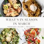 What's in season in March with lemon dill salmon, carrot cake baked oats, kale Caesar salad, and citrus salad with mint.