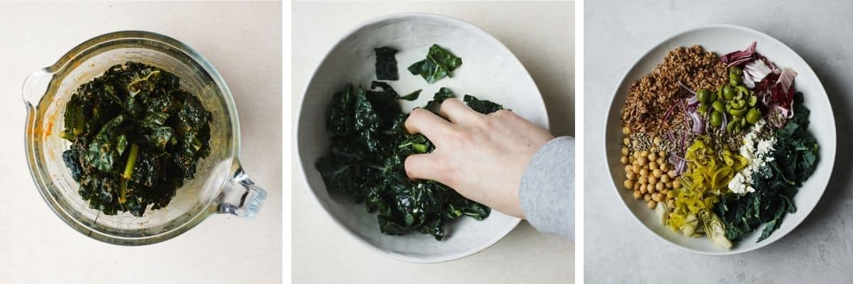 Group of images of massaging kale in olive oil, sauce, and placing in a salad with dressing.