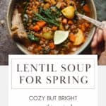 Lemony lentil soup with potatoes and fresh dill in a bowl.