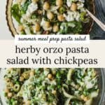 Orzo pasta salad in a bowl with chickpeas, olives, feta, and seasonal veggies.