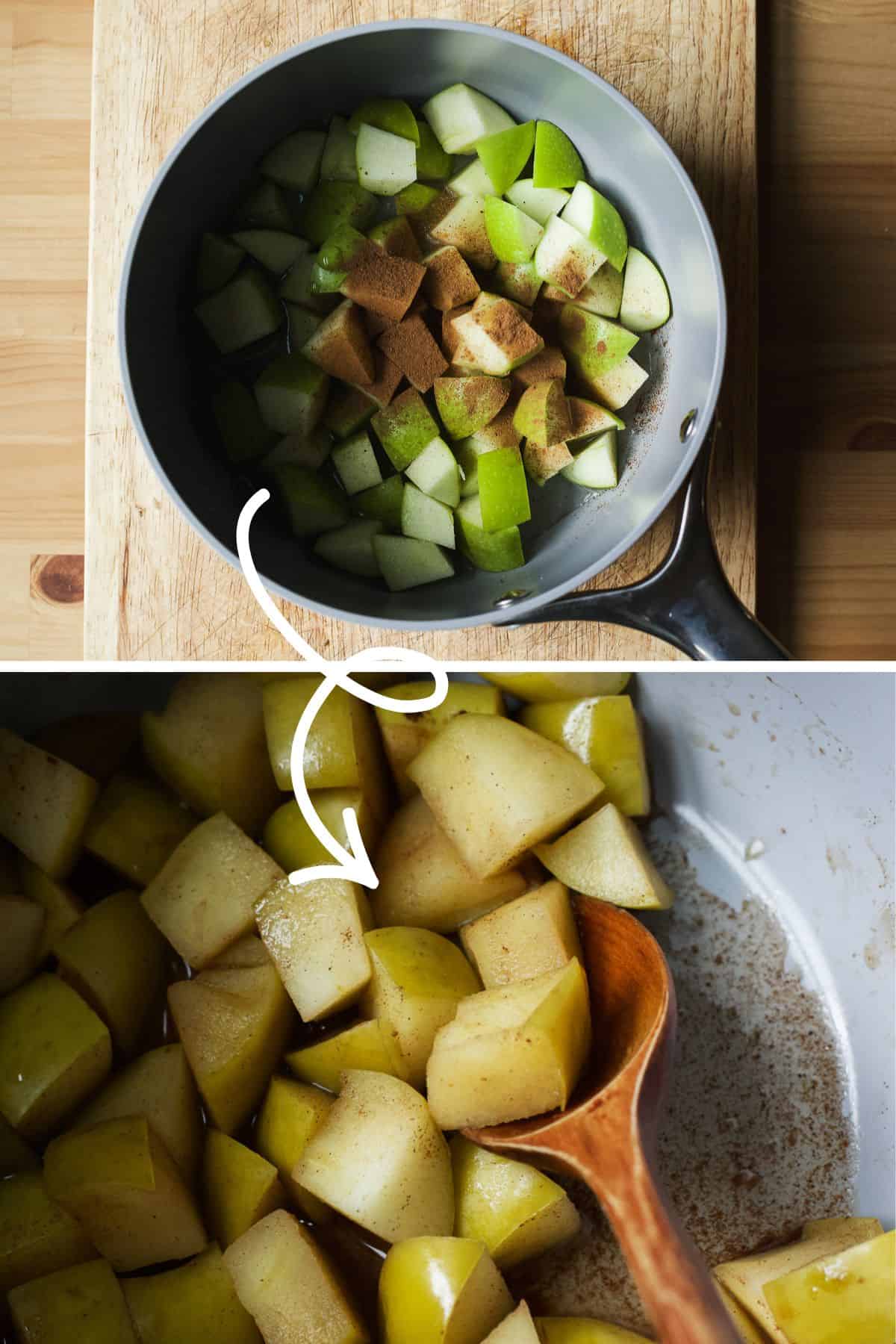 A pot of apples and spices going from uncooked to cooked (soft and tender).