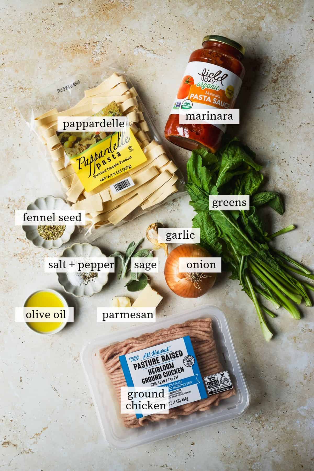 Ingredients needed for pappardelle with ground chicken meat sauce.